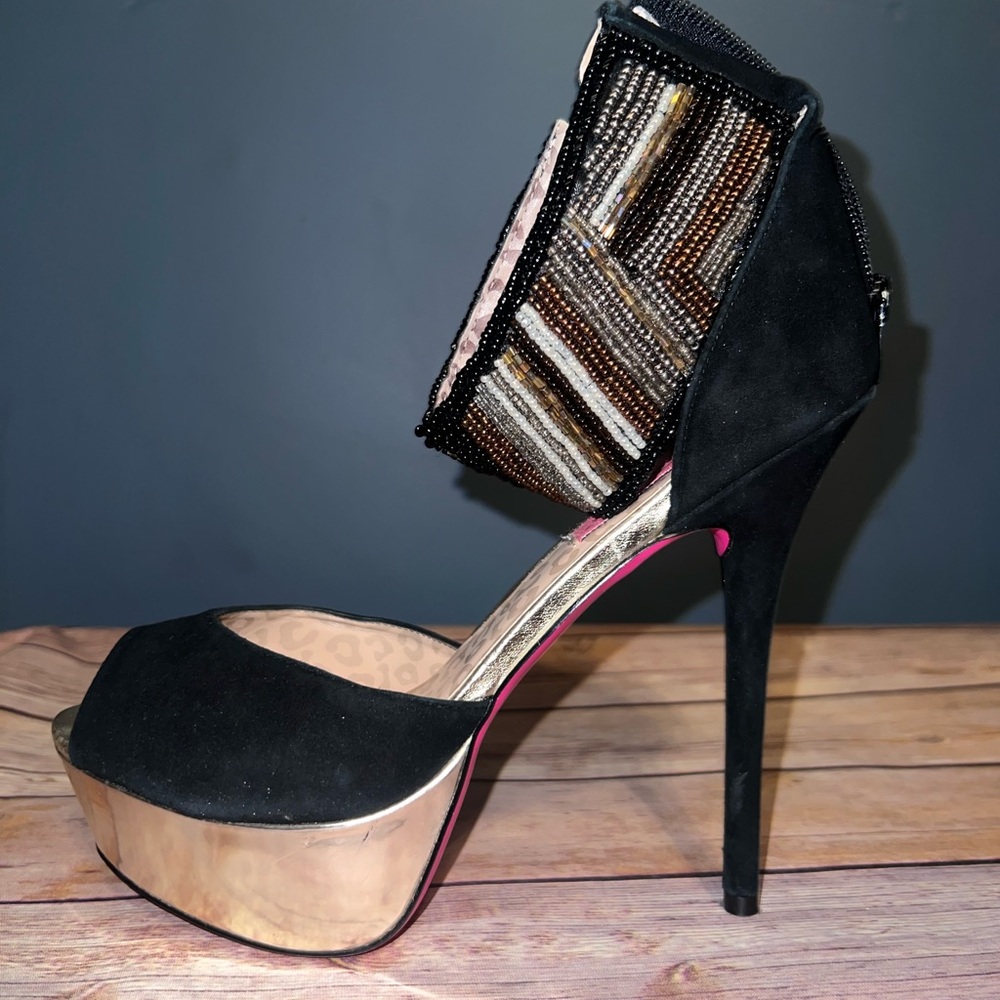 Betsey Johnson Black Suede Bejeweled Ankle Wrap Heels
